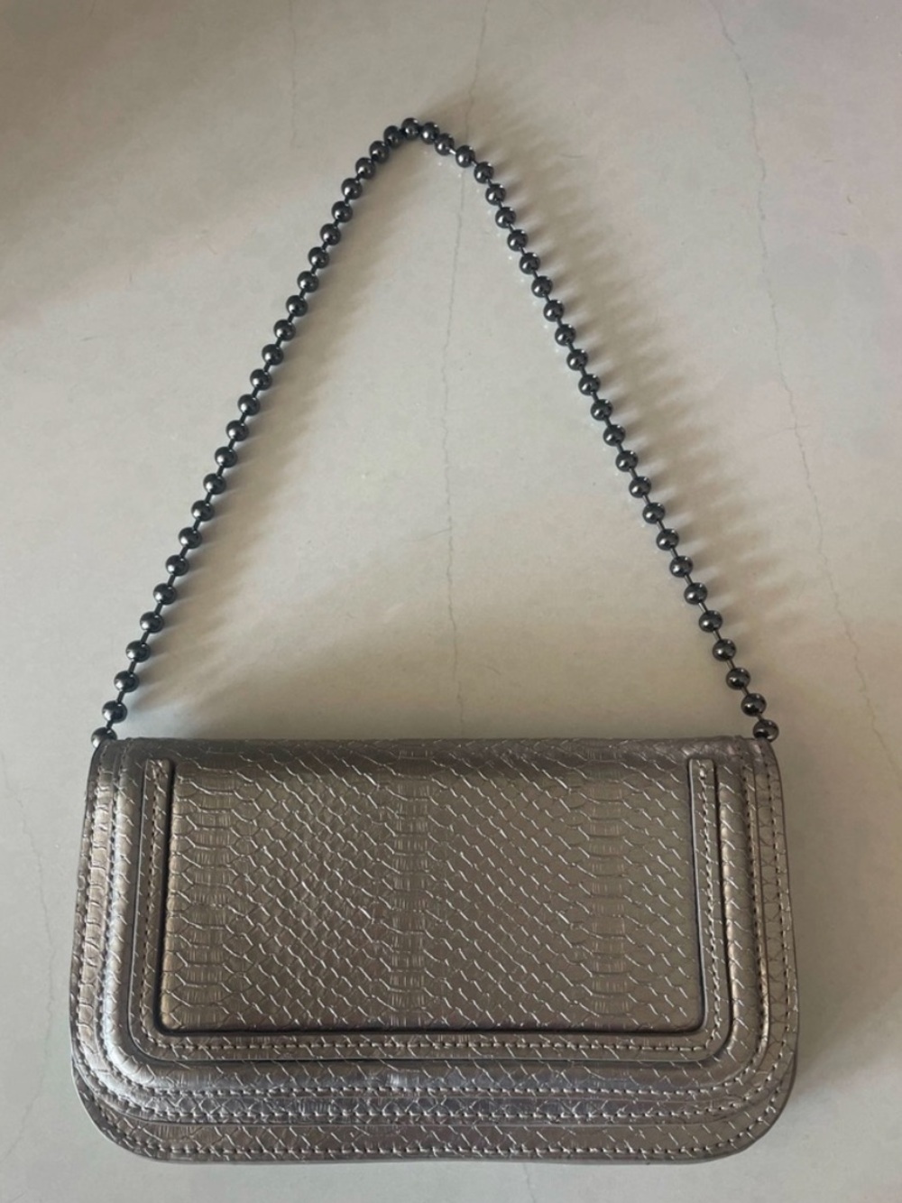 Zara silver gun medal clutch shoulder bag, snake skin leather